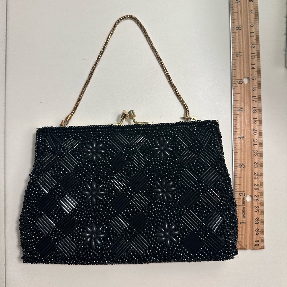 Black Beaded Evening Bag with Gold Handle